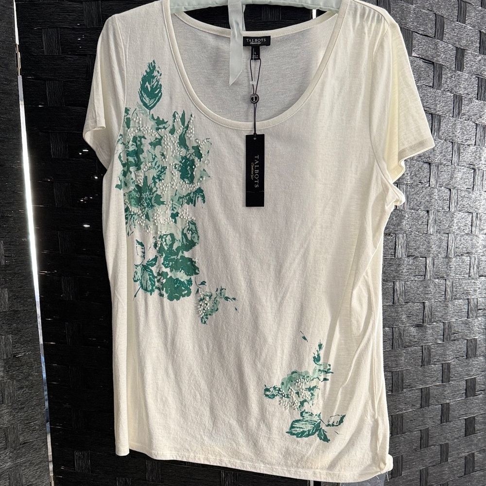 Talbots Cream and Green Floral Short Sleeve Top